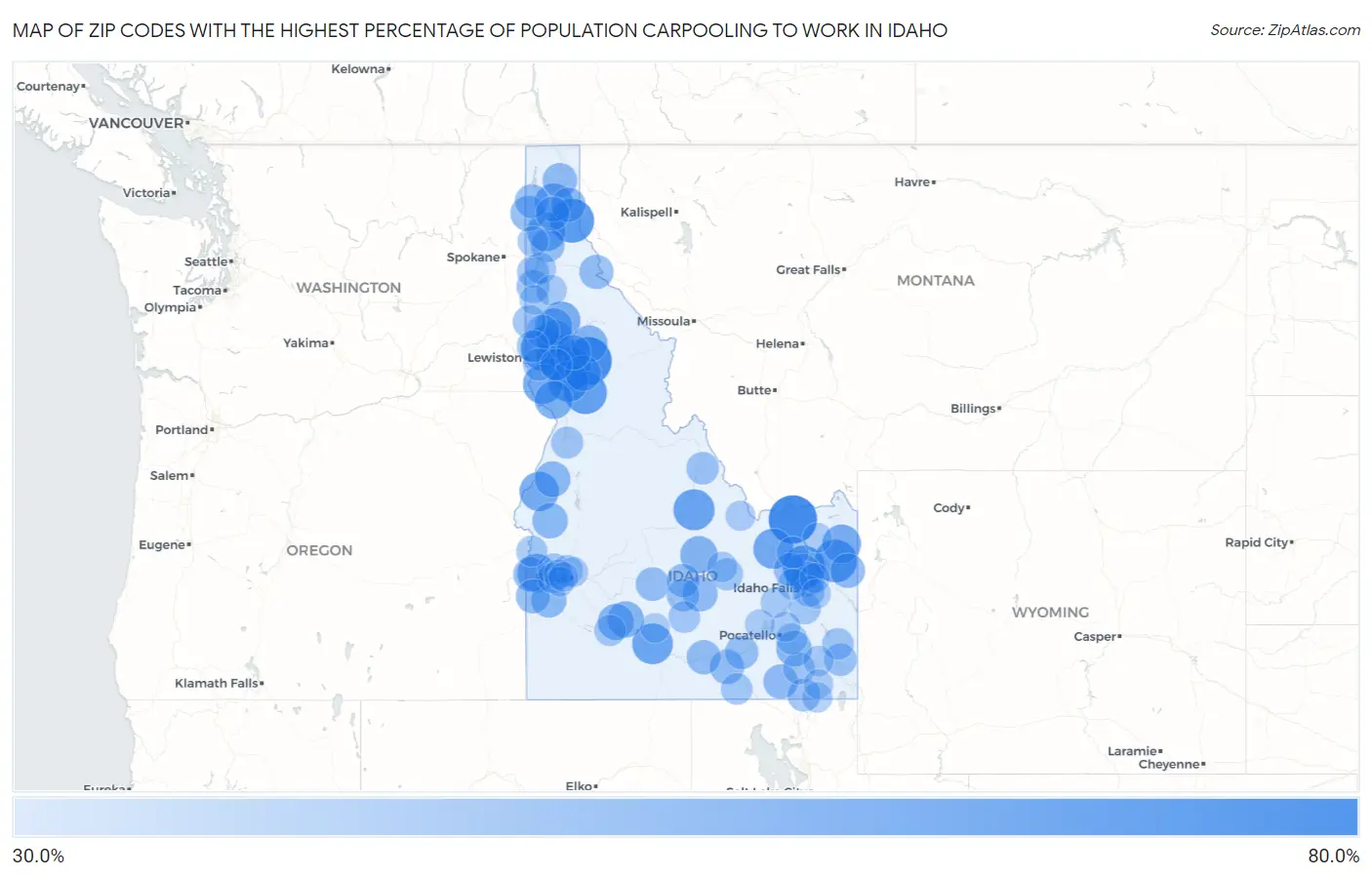 Zip Codes with the Highest Percentage of Population Carpooling to Work in Idaho Map