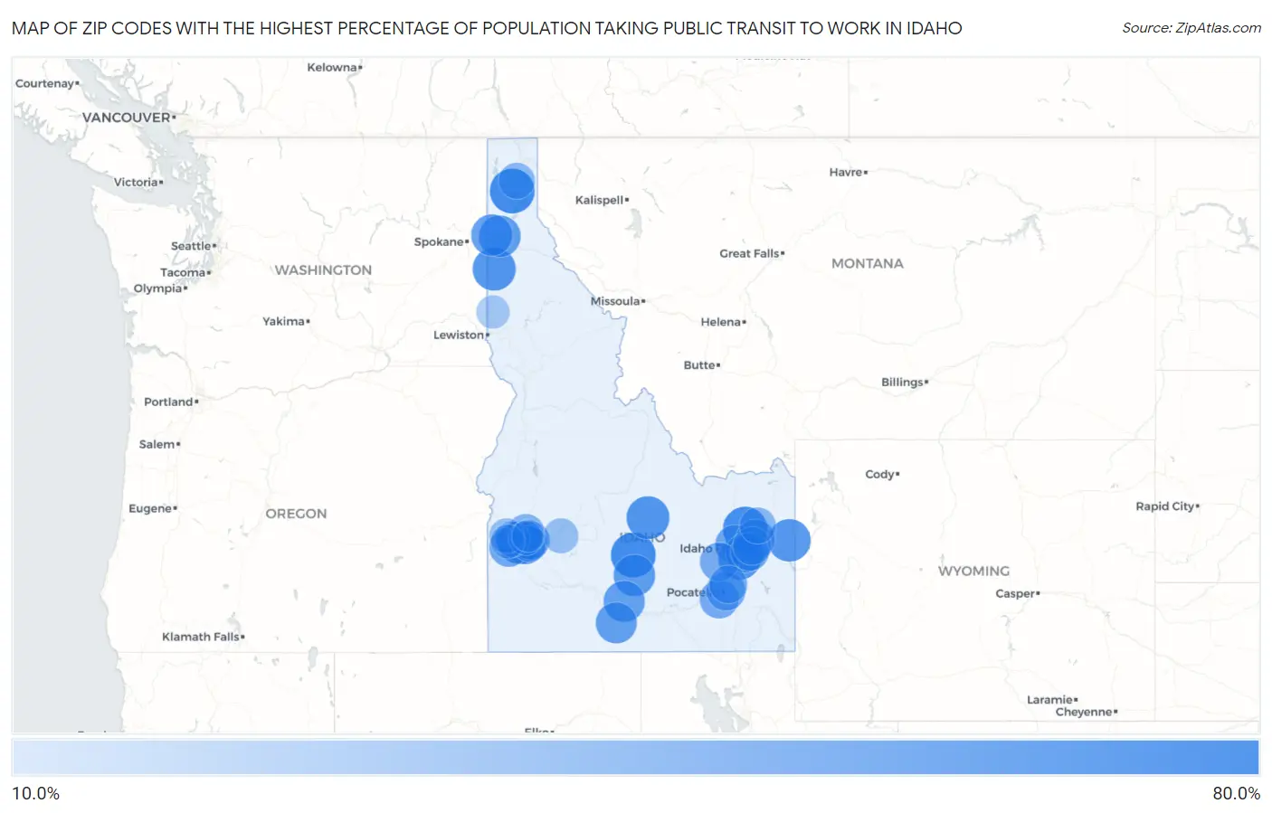 Zip Codes with the Highest Percentage of Population Taking Public Transit to Work in Idaho Map