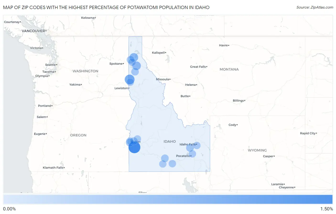 Zip Codes with the Highest Percentage of Potawatomi Population in Idaho Map