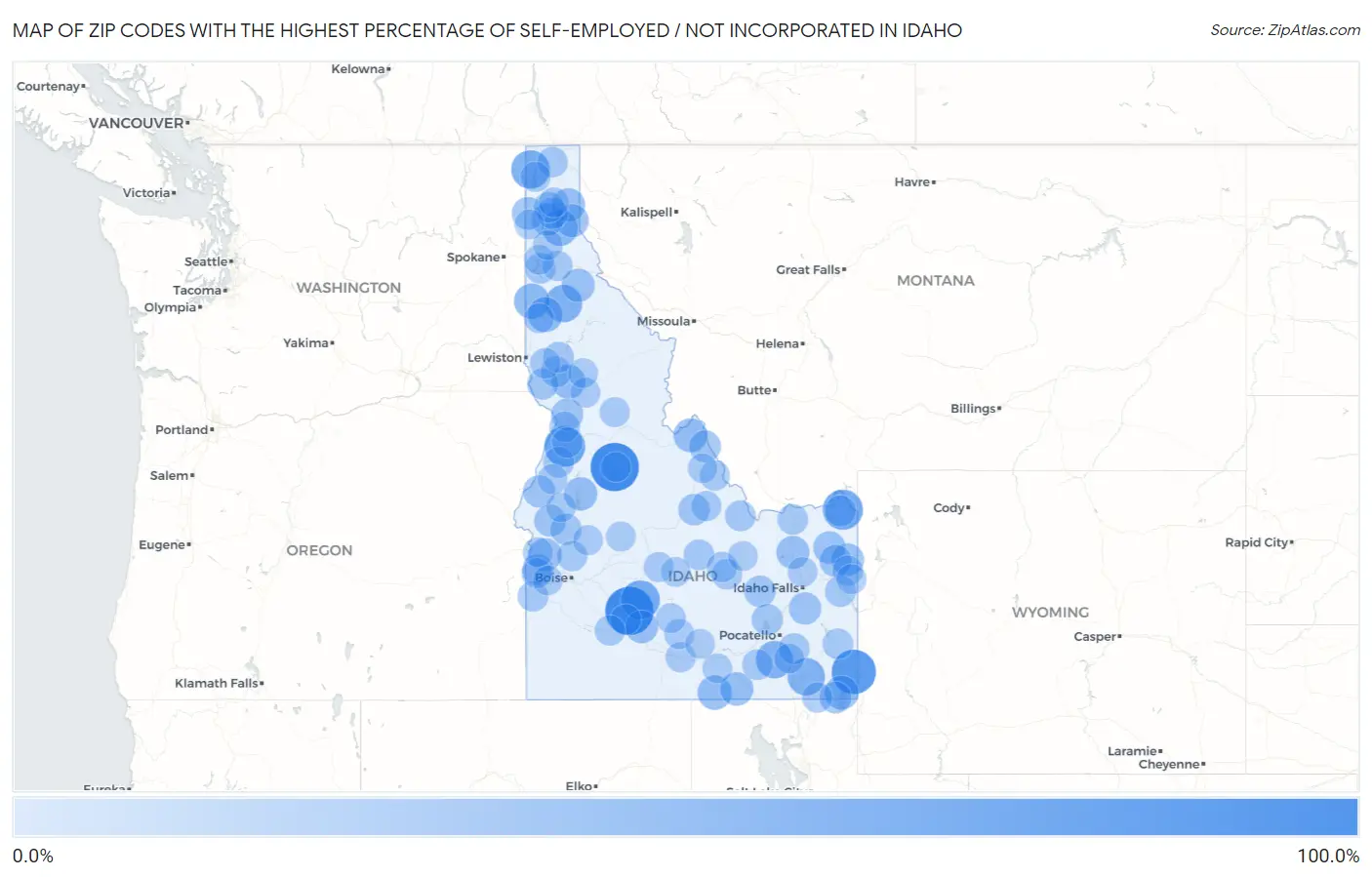 Zip Codes with the Highest Percentage of Self-Employed / Not Incorporated in Idaho Map