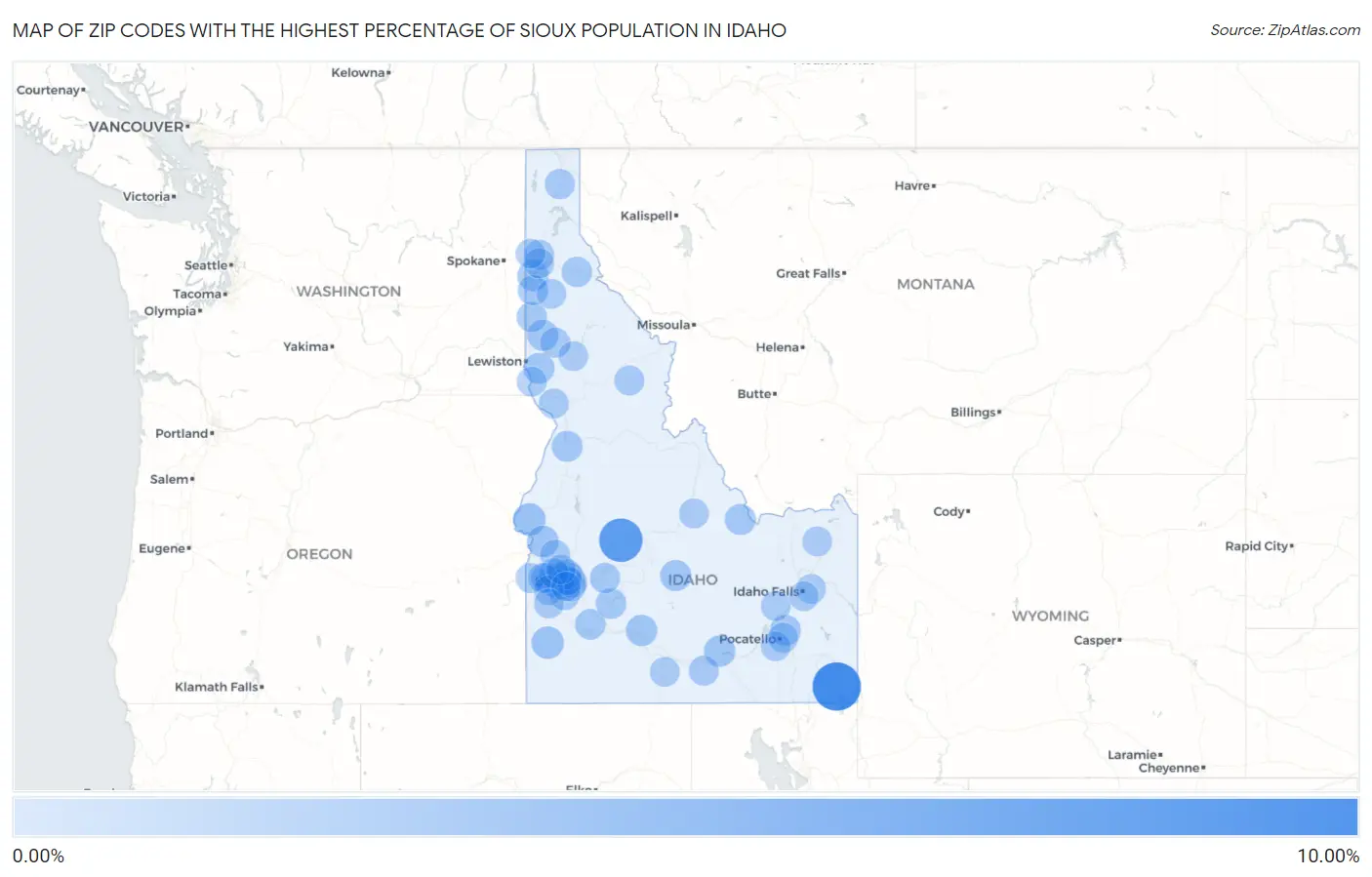 Zip Codes with the Highest Percentage of Sioux Population in Idaho Map