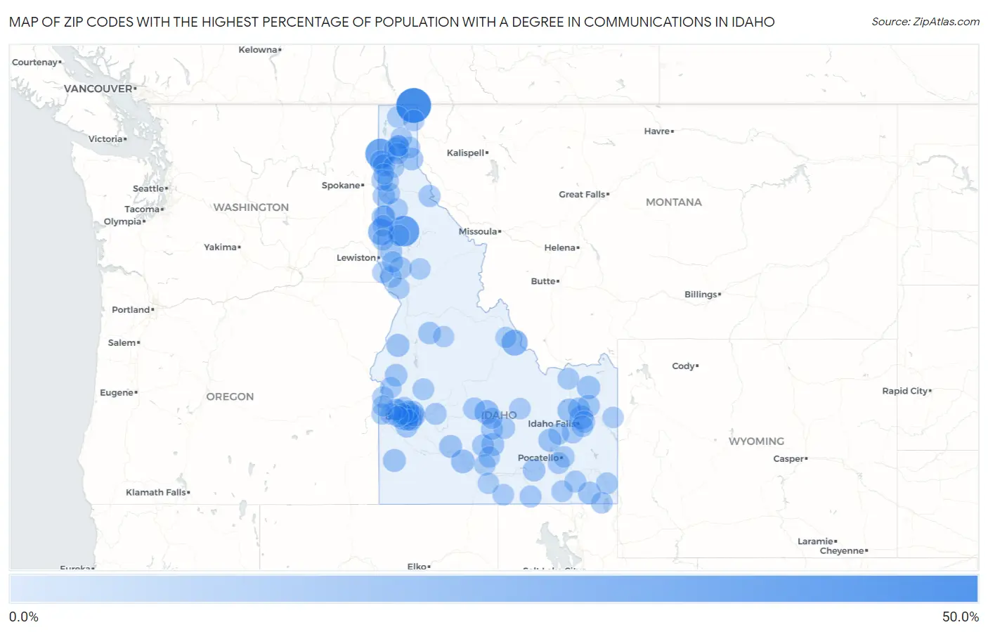 Zip Codes with the Highest Percentage of Population with a Degree in Communications in Idaho Map