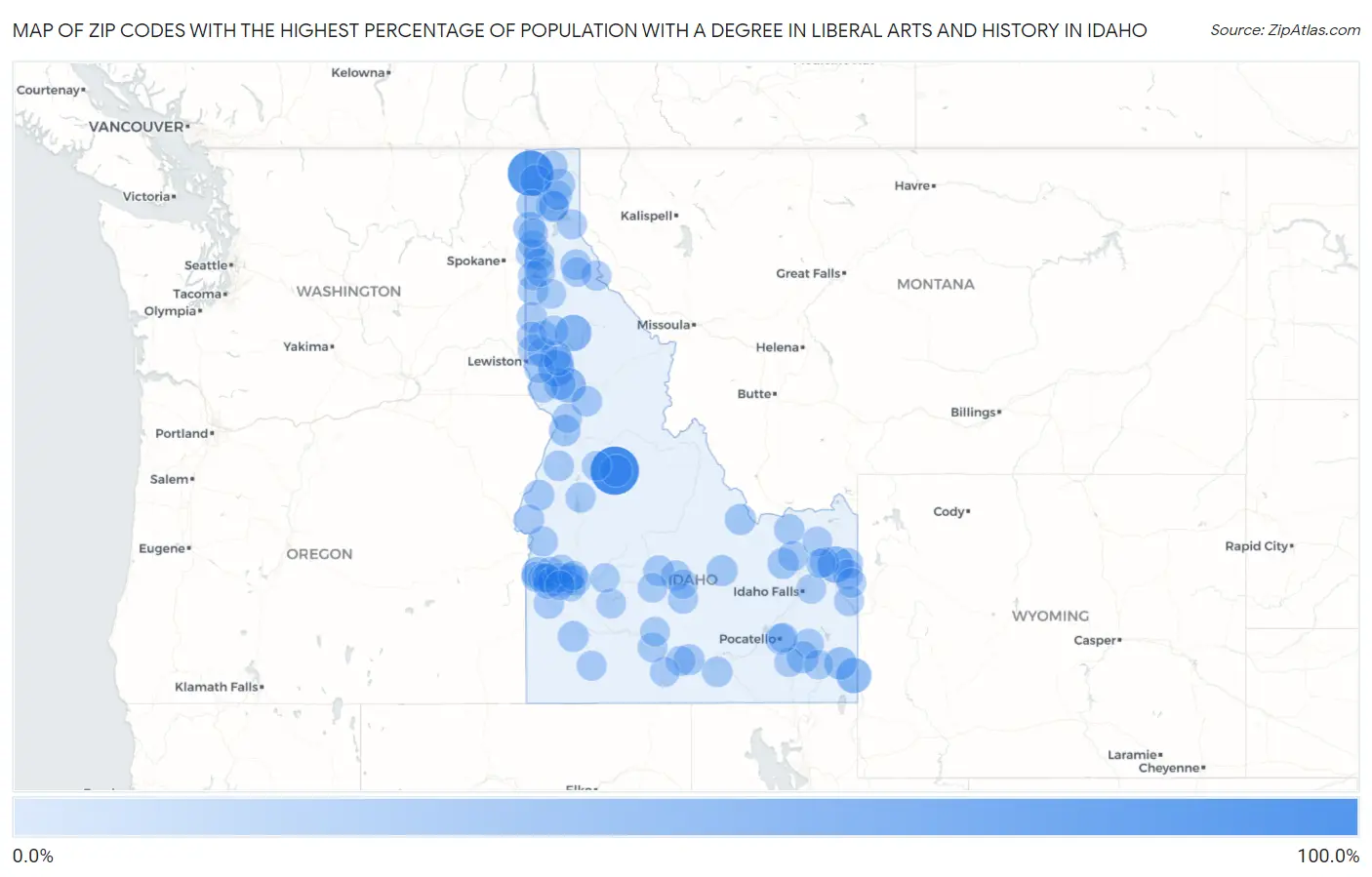 Zip Codes with the Highest Percentage of Population with a Degree in Liberal Arts and History in Idaho Map