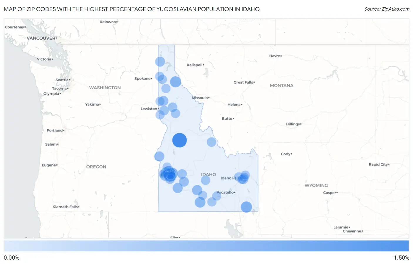 Zip Codes with the Highest Percentage of Yugoslavian Population in Idaho Map