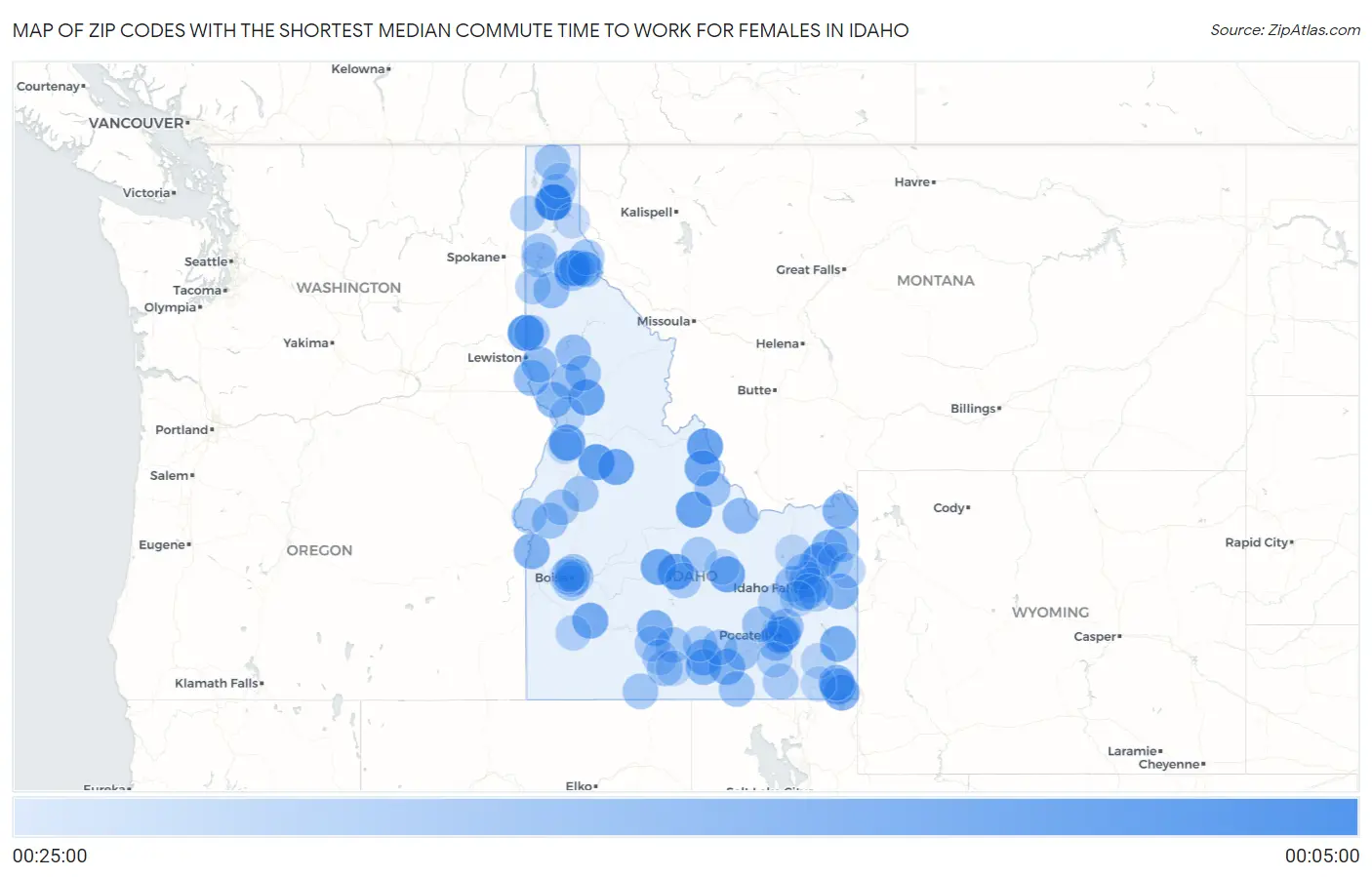 Zip Codes with the Shortest Median Commute Time to Work for Females in Idaho Map