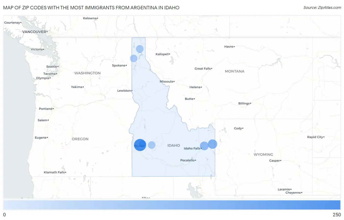 Zip Codes with the Most Immigrants from Argentina in Idaho Map