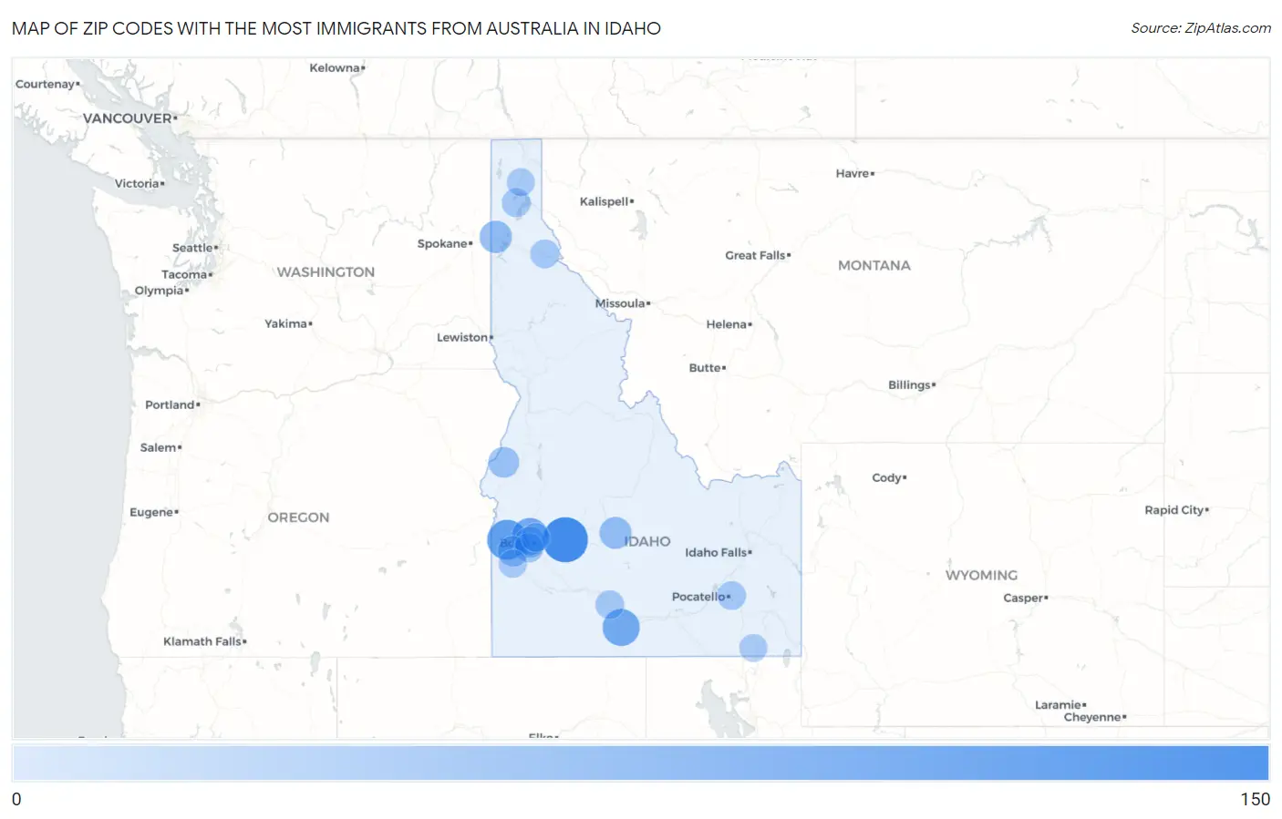 Zip Codes with the Most Immigrants from Australia in Idaho Map