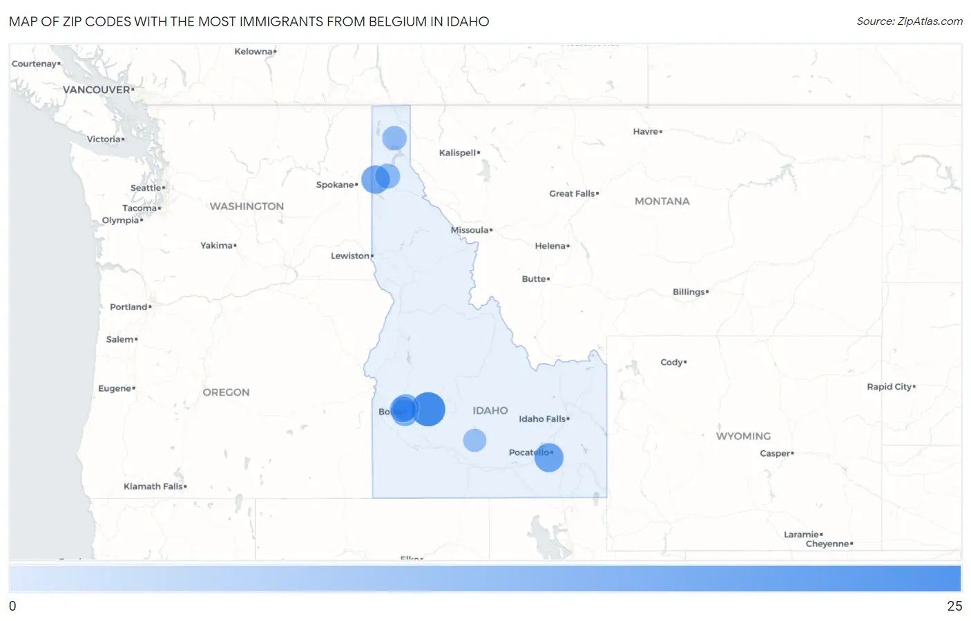 Zip Codes with the Most Immigrants from Belgium in Idaho Map