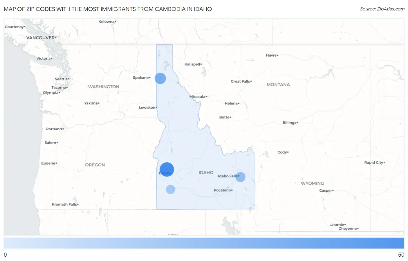 Zip Codes with the Most Immigrants from Cambodia in Idaho Map