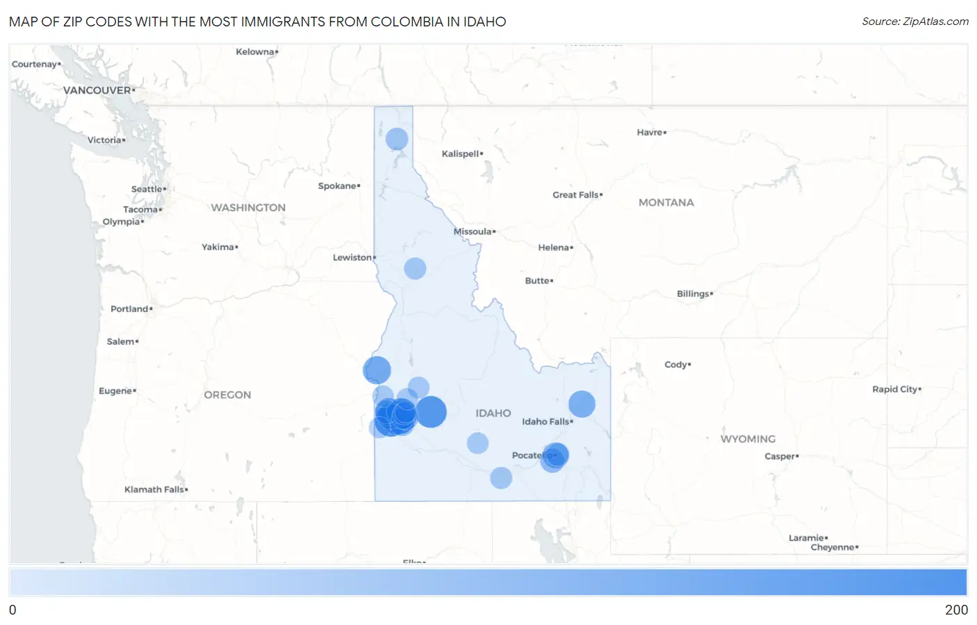 Zip Codes with the Most Immigrants from Colombia in Idaho Map