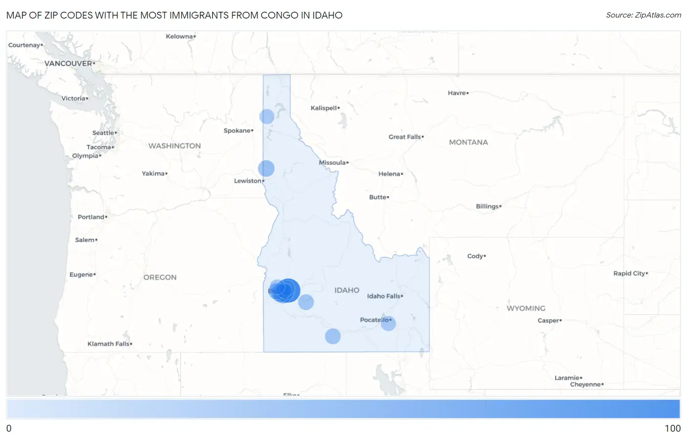 Zip Codes with the Most Immigrants from Congo in Idaho Map