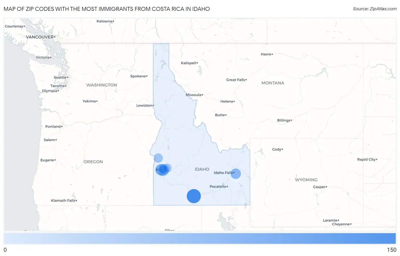 Zip Codes with the Most Immigrants from Costa Rica in Idaho Map