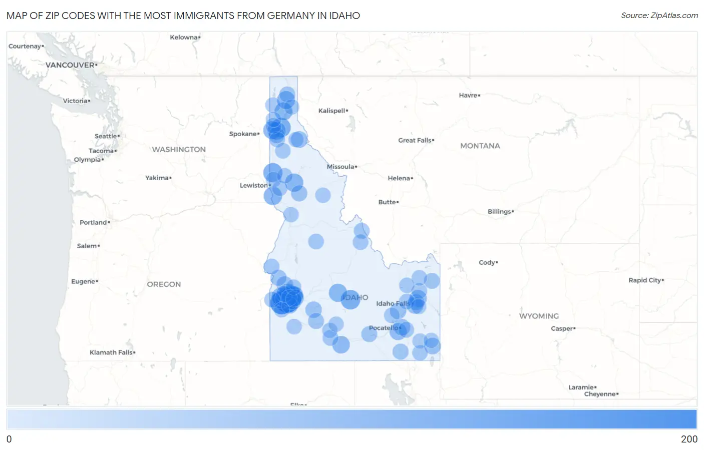 Zip Codes with the Most Immigrants from Germany in Idaho Map