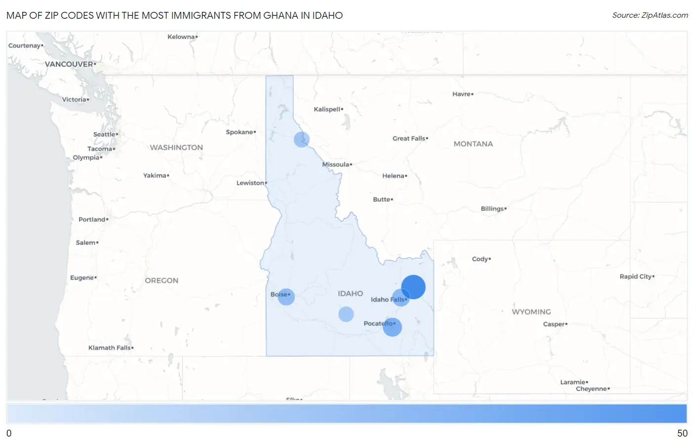 Zip Codes with the Most Immigrants from Ghana in Idaho Map