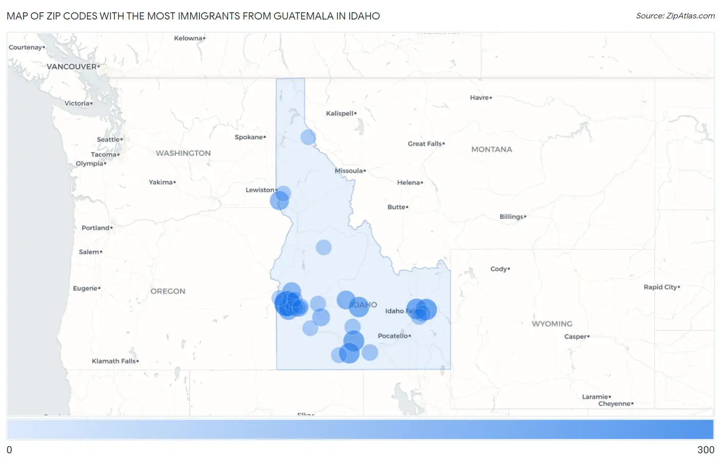 Zip Codes with the Most Immigrants from Guatemala in Idaho Map