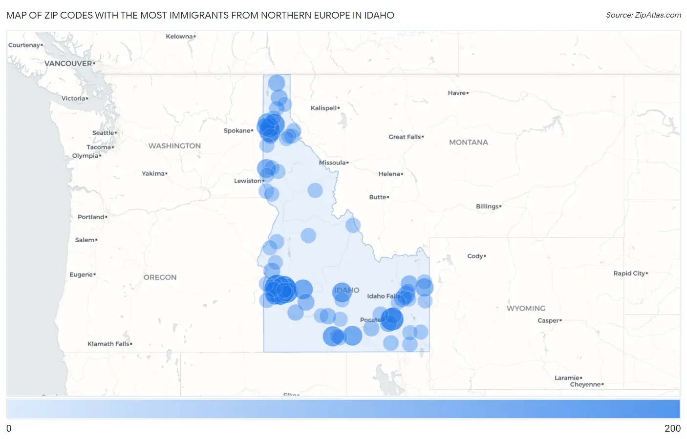 Zip Codes with the Most Immigrants from Northern Europe in Idaho Map