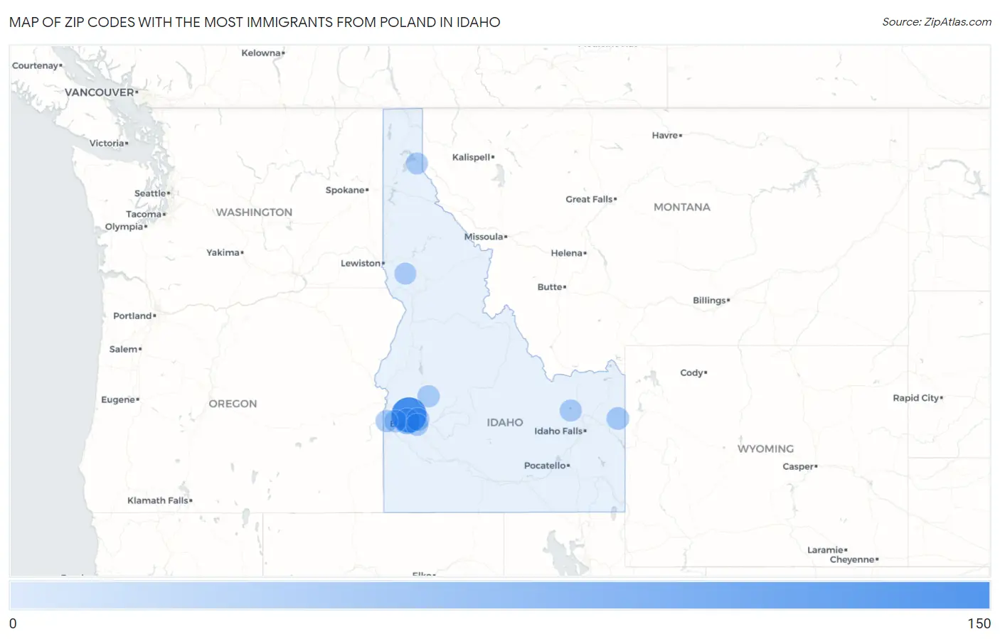Zip Codes with the Most Immigrants from Poland in Idaho Map