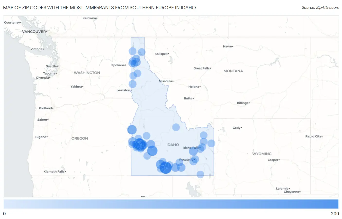 Zip Codes with the Most Immigrants from Southern Europe in Idaho Map