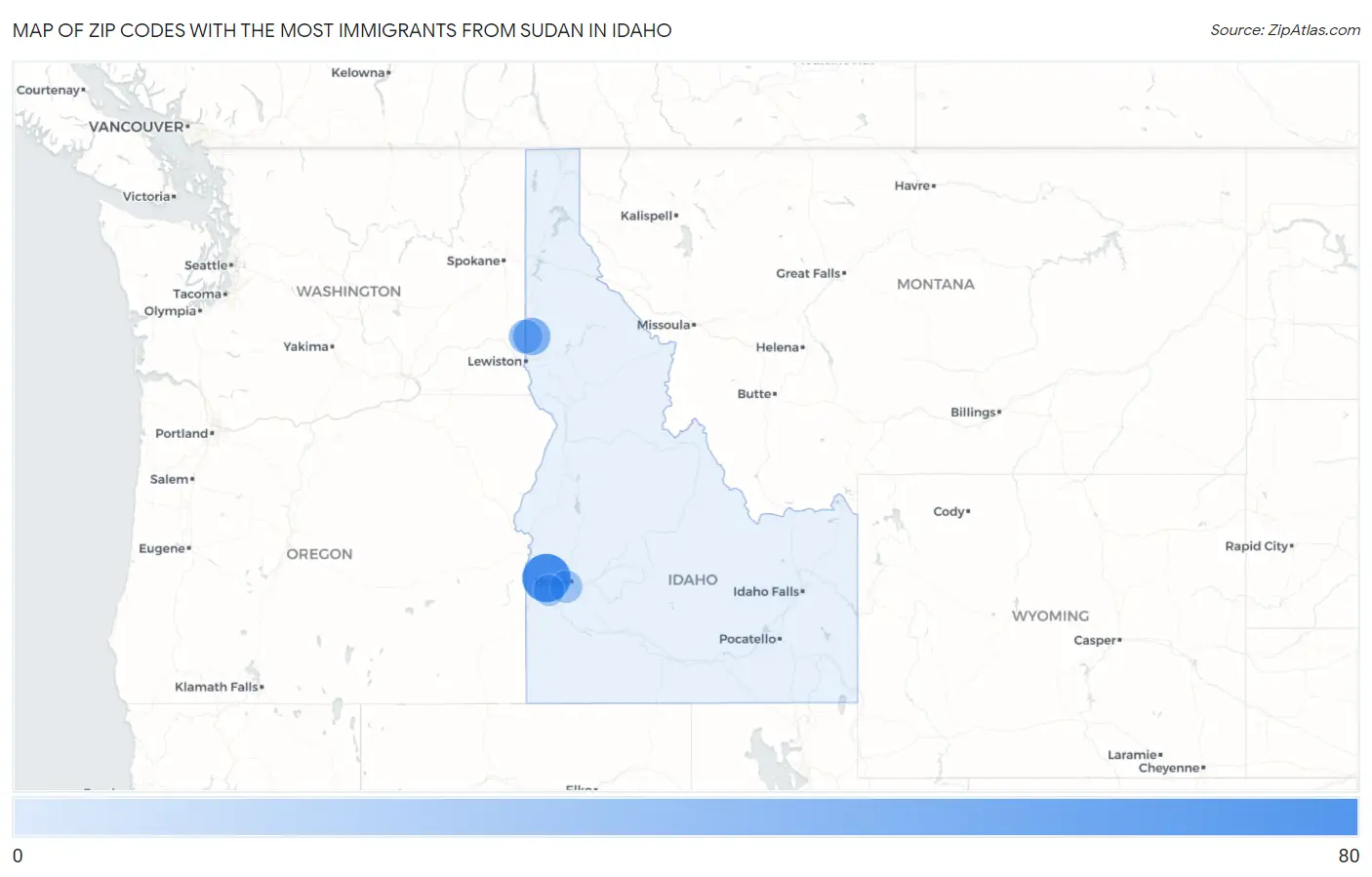 Zip Codes with the Most Immigrants from Sudan in Idaho Map