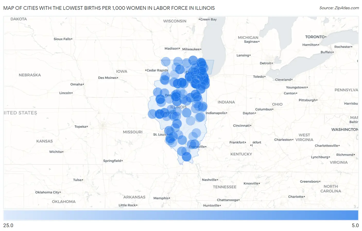 Cities with the Lowest Births per 1,000 Women in Labor Force in Illinois Map