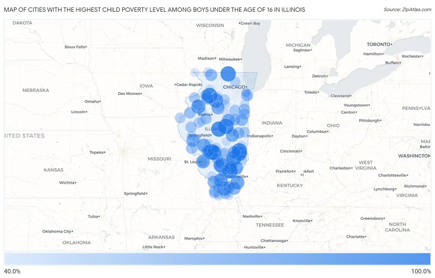Cities with the Highest Child Poverty Level Among Boys Under the Age of 16 in Illinois Map