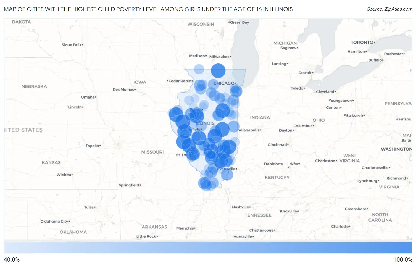 Cities with the Highest Child Poverty Level Among Girls Under the Age of 16 in Illinois Map