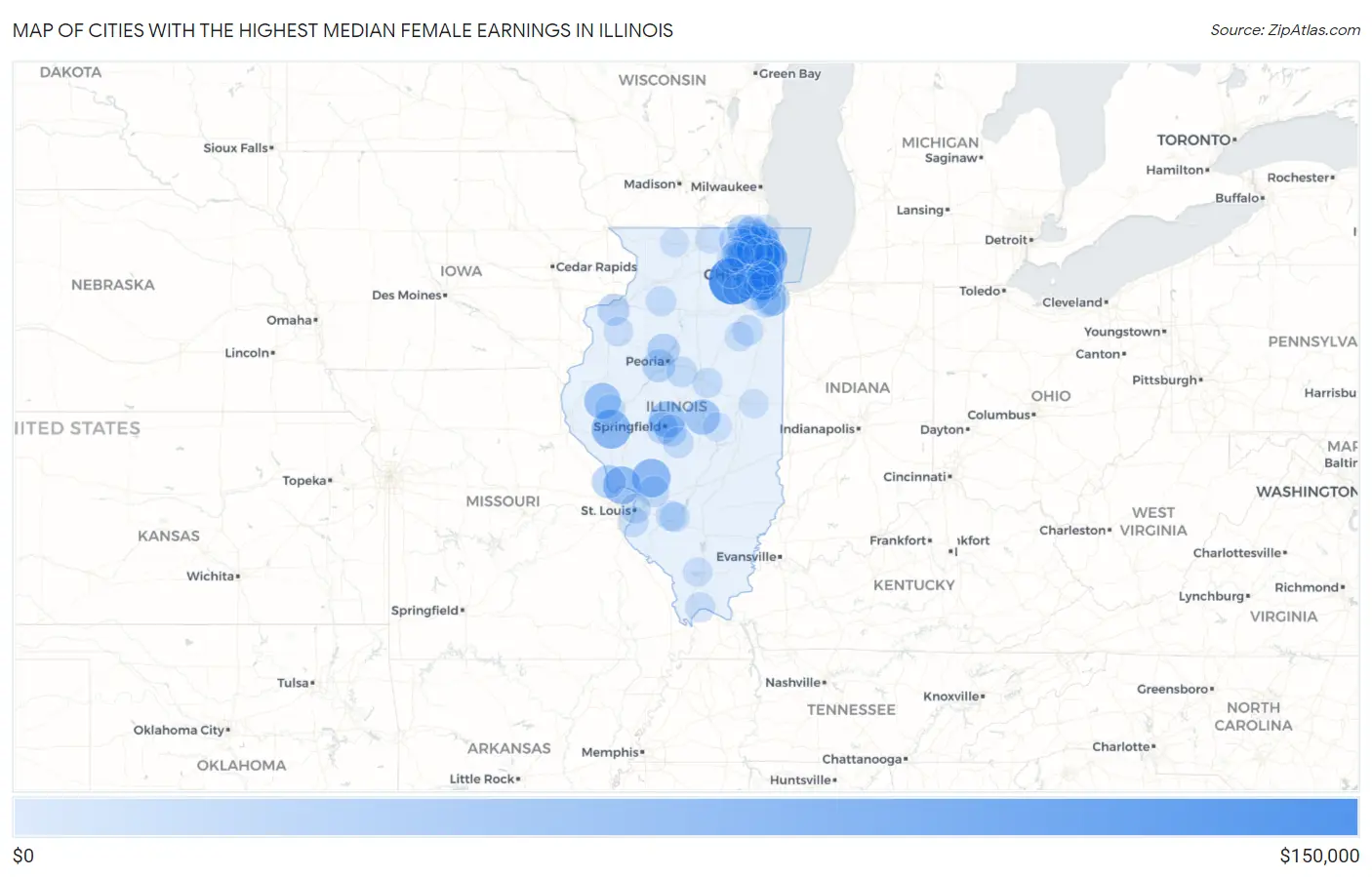 Cities with the Highest Median Female Earnings in Illinois Map