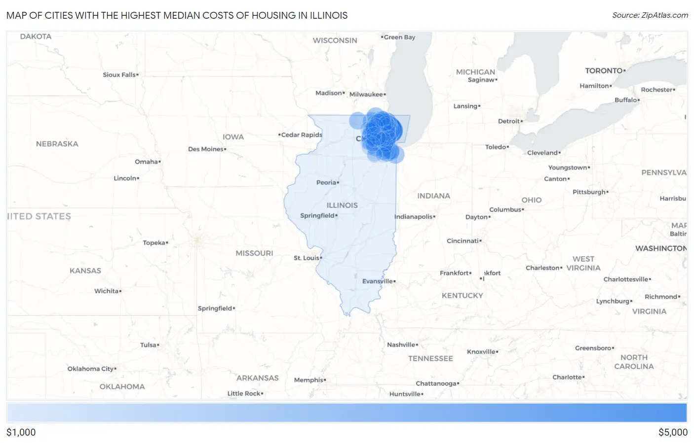 Cities with the Highest Median Costs of Housing in Illinois Map