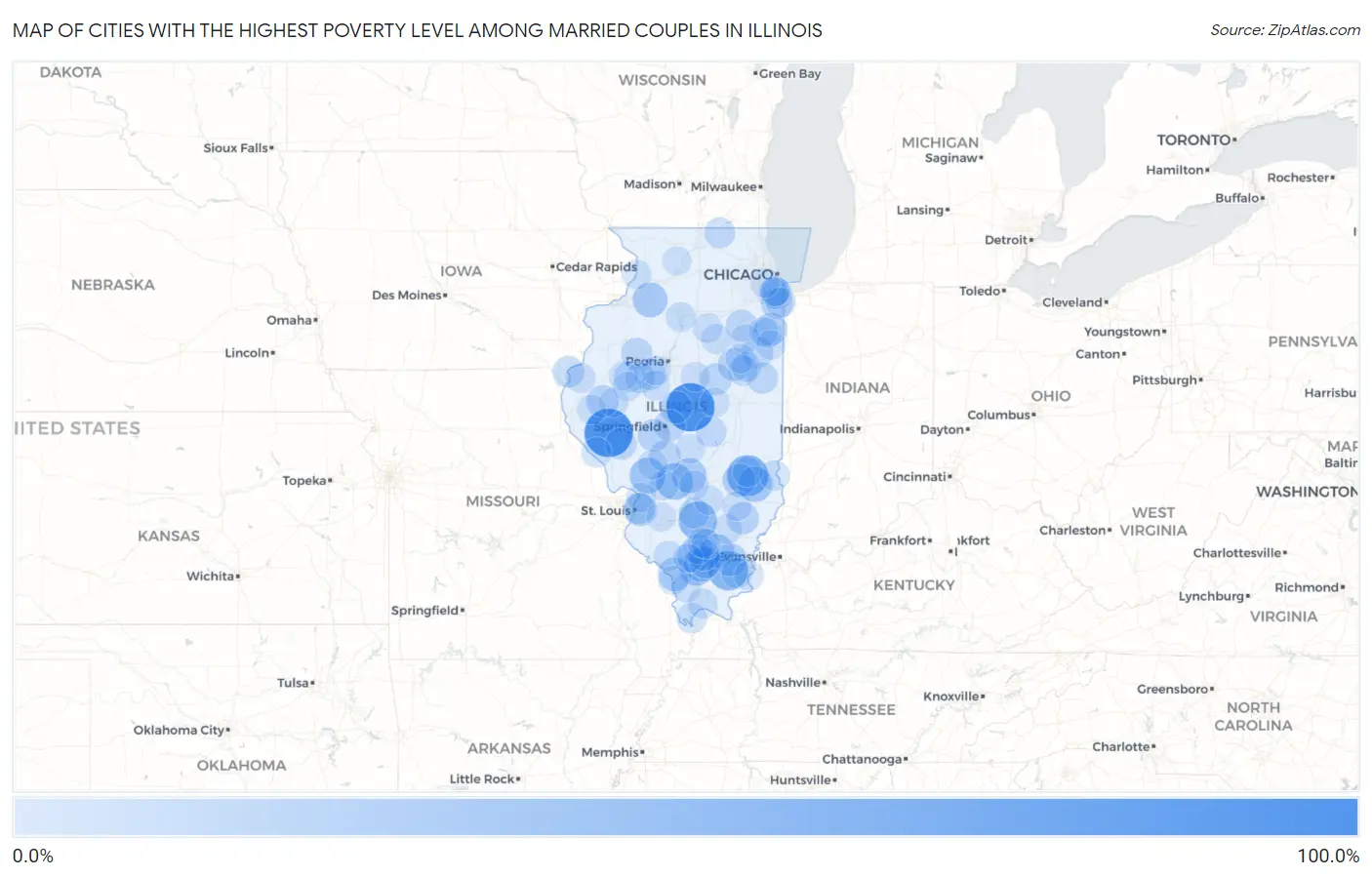 Cities with the Highest Poverty Level Among Married Couples in Illinois Map