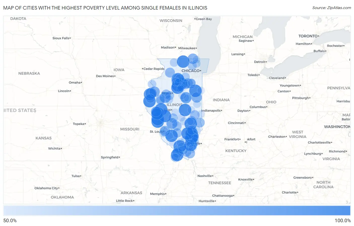 Cities with the Highest Poverty Level Among Single Females in Illinois Map