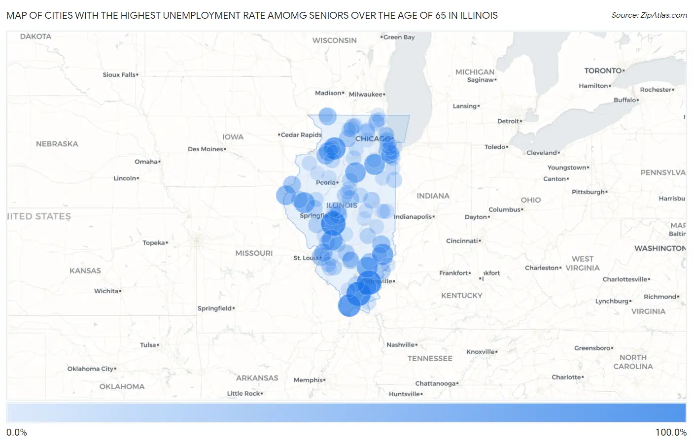 Cities with the Highest Unemployment Rate Amomg Seniors Over the Age of 65 in Illinois Map