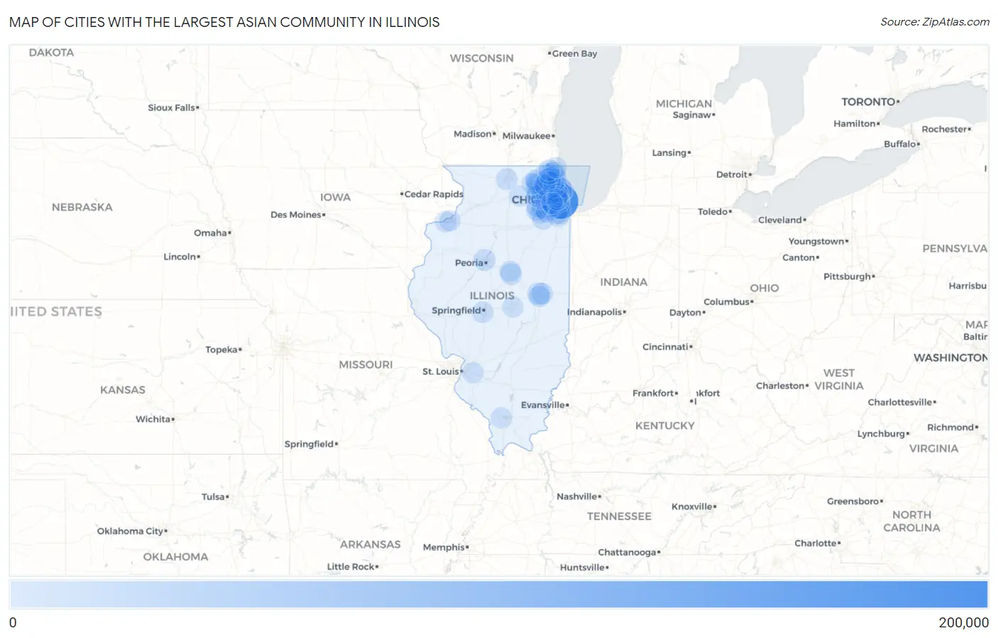 Cities with the Largest Asian Community in Illinois Map