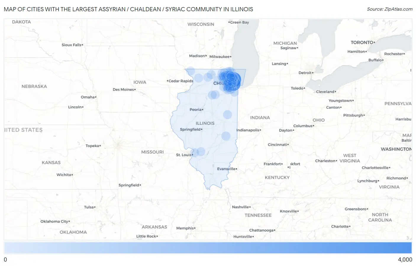 Cities with the Largest Assyrian / Chaldean / Syriac Community in Illinois Map