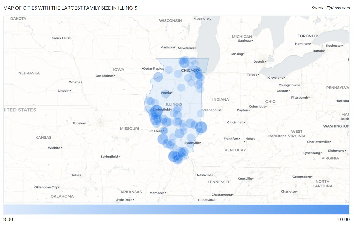 Cities with the Largest Family Size in Illinois Map