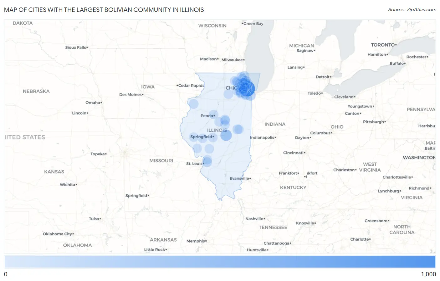 Cities with the Largest Bolivian Community in Illinois Map