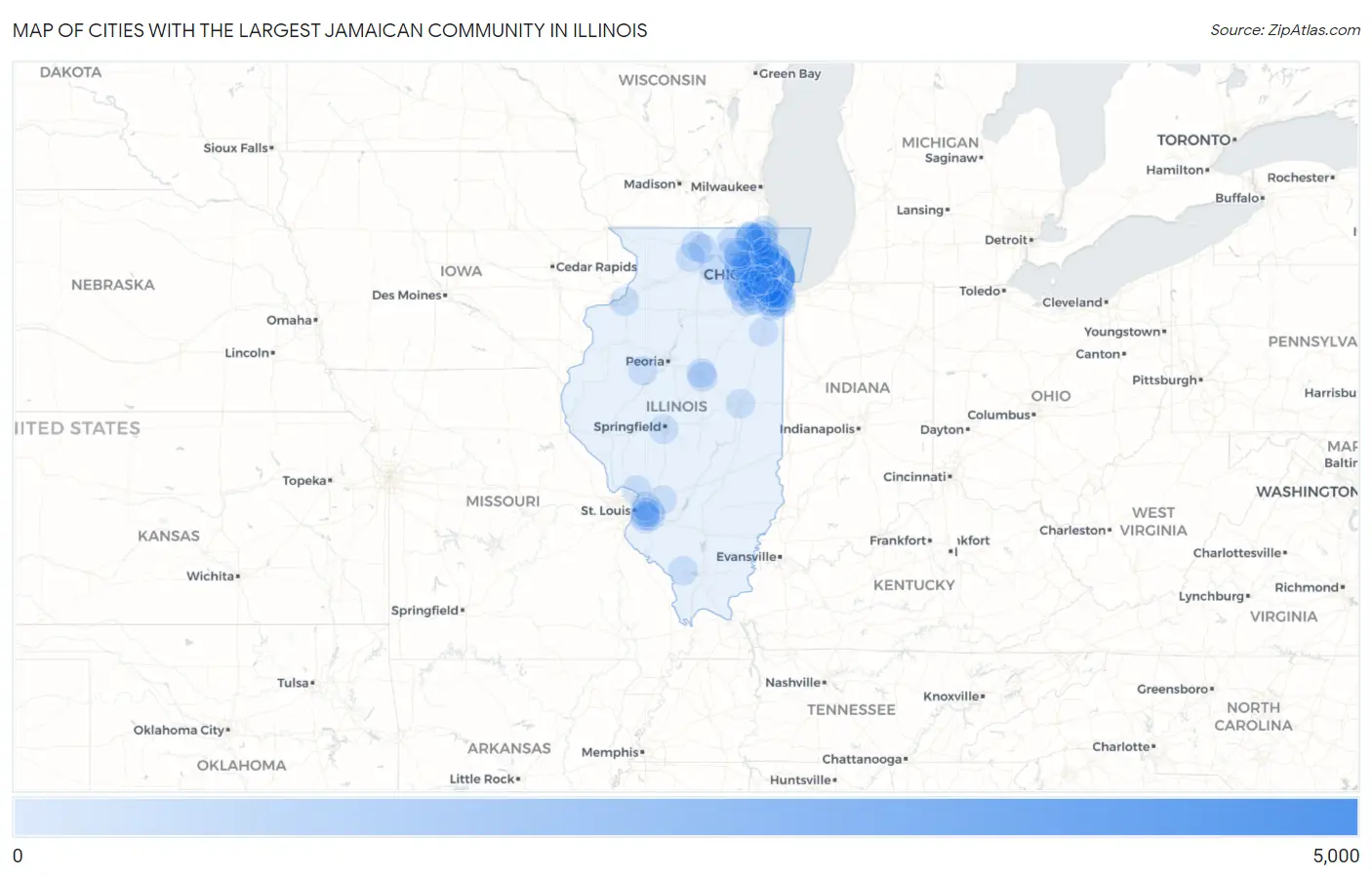 Cities with the Largest Jamaican Community in Illinois Map