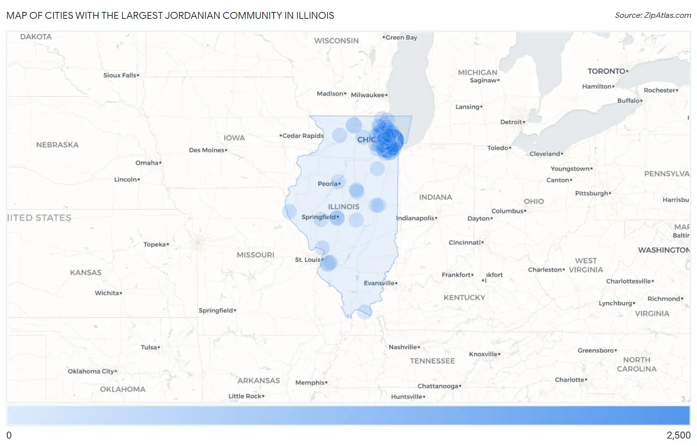 Cities with the Largest Jordanian Community in Illinois Map