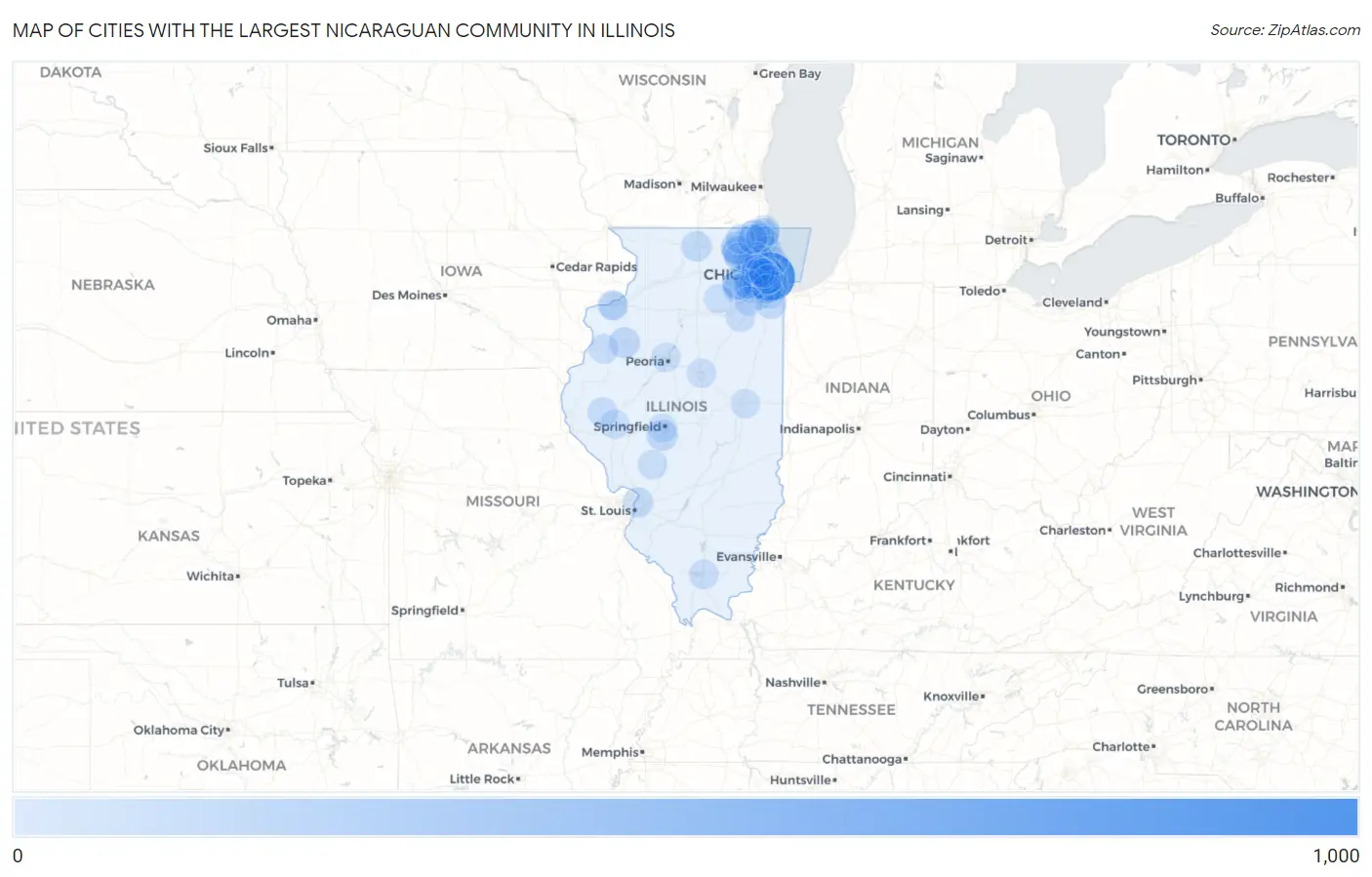 Cities with the Largest Nicaraguan Community in Illinois Map