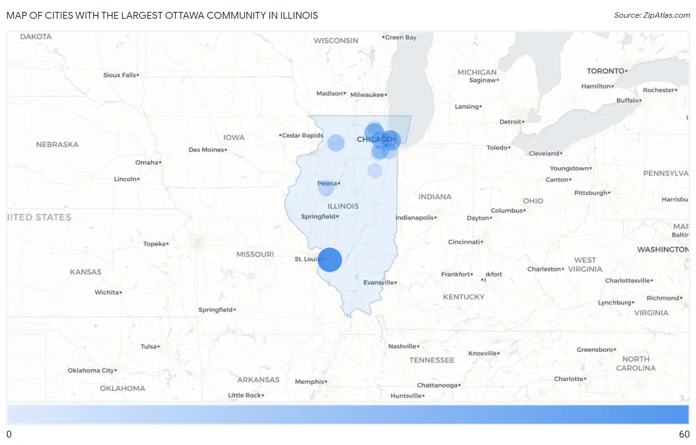 Cities with the Largest Ottawa Community in Illinois Map
