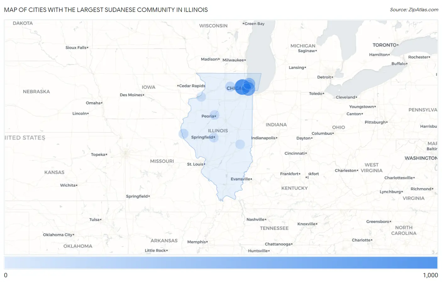 Cities with the Largest Sudanese Community in Illinois Map