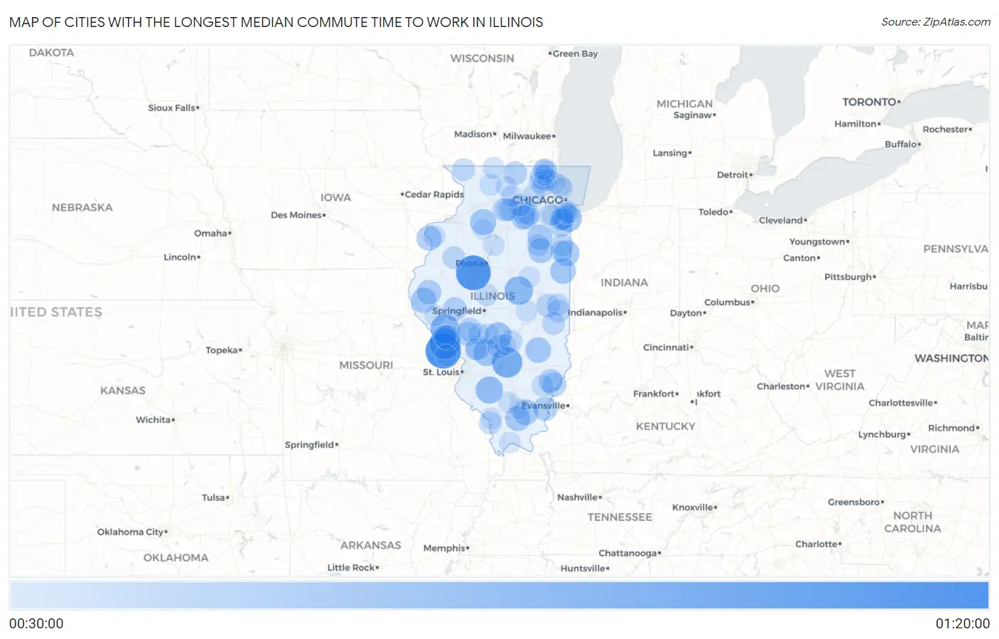 Cities with the Longest Median Commute Time to Work in Illinois Map