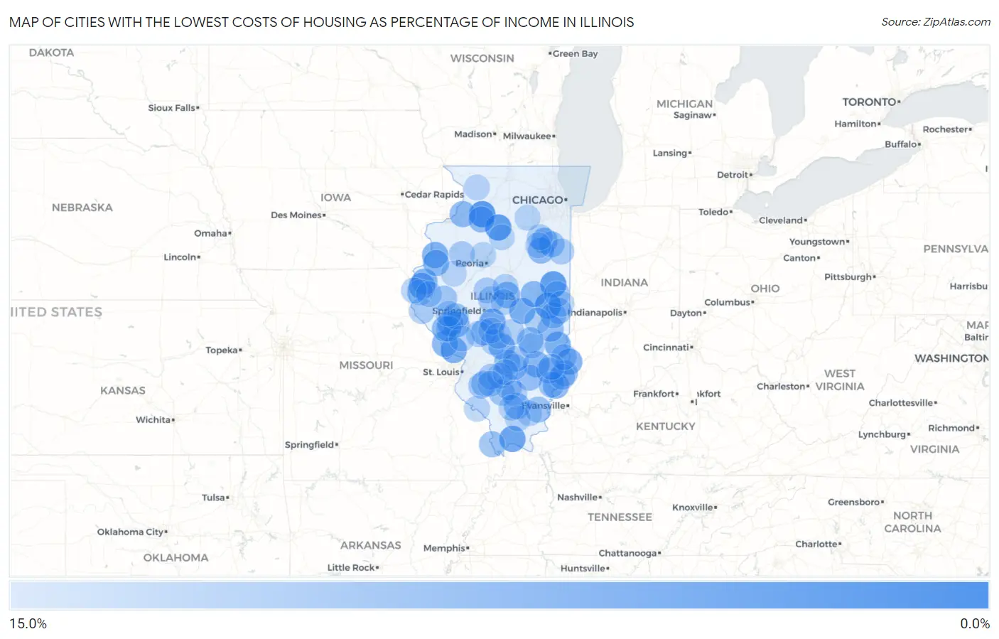 Cities with the Lowest Costs of Housing as Percentage of Income in Illinois Map