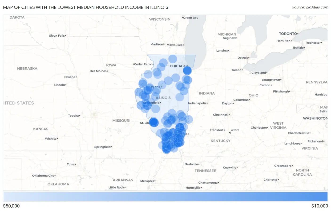 Cities with the Lowest Median Household Income in Illinois Map