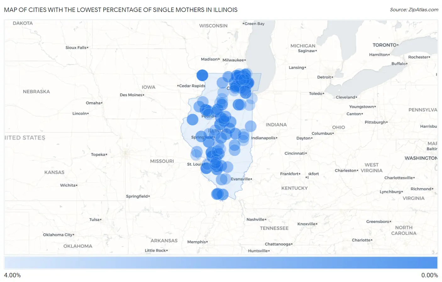 Cities with the Lowest Percentage of Single Mothers in Illinois Map