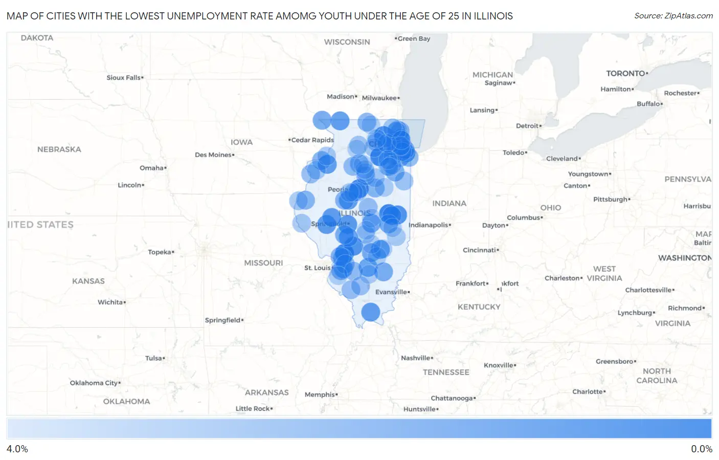 Cities with the Lowest Unemployment Rate Amomg Youth Under the Age of 25 in Illinois Map