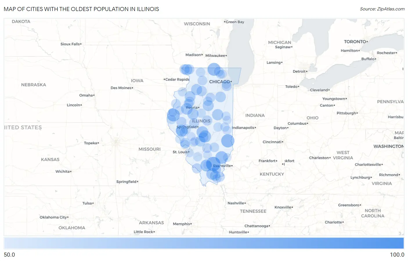 Cities with the Oldest Population in Illinois Map