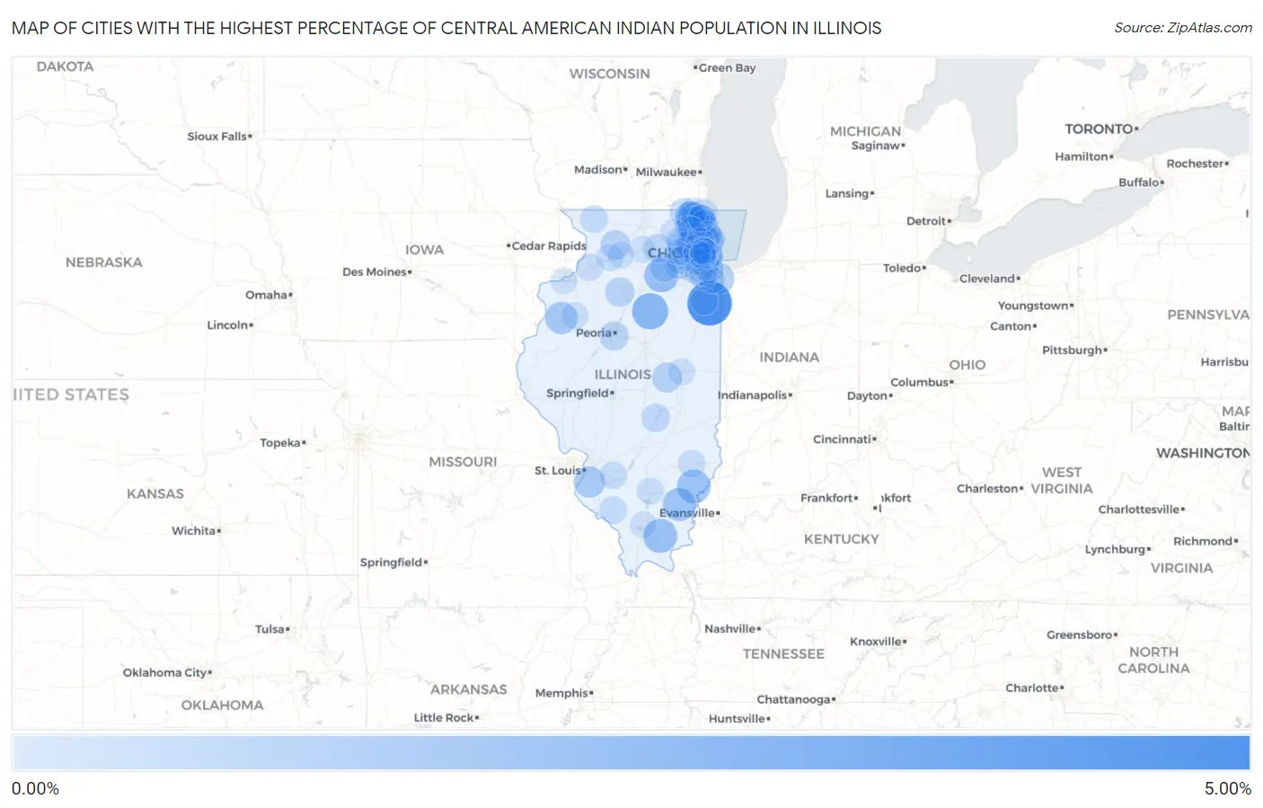 Cities with the Highest Percentage of Central American Indian Population in Illinois Map