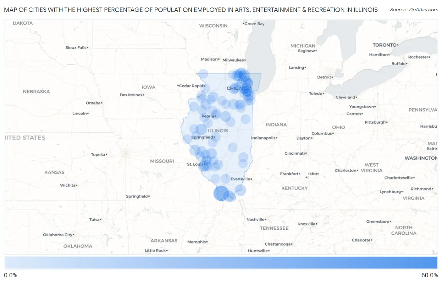 Cities with the Highest Percentage of Population Employed in Arts, Entertainment & Recreation in Illinois Map