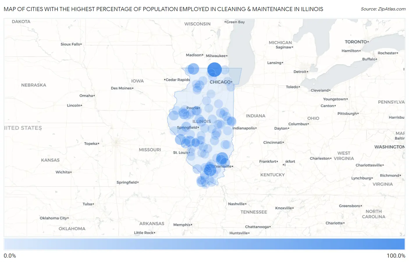 Cities with the Highest Percentage of Population Employed in Cleaning & Maintenance in Illinois Map