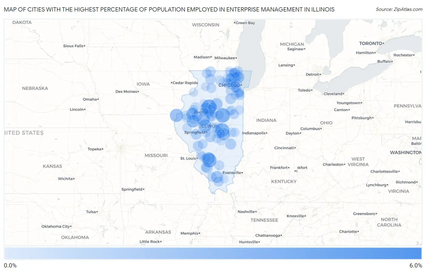 Cities with the Highest Percentage of Population Employed in Enterprise Management in Illinois Map